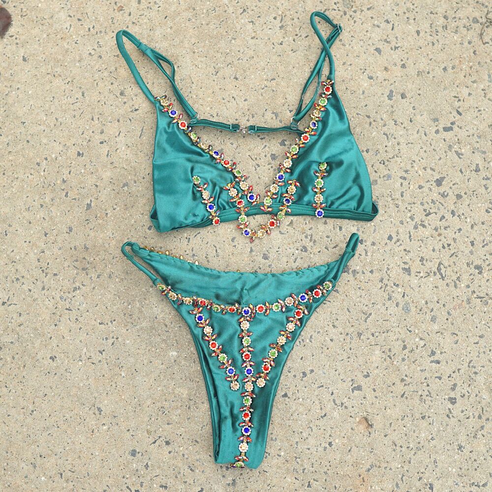 Handmade Rhinestone Bikini Set Emerald Satin Festival Rave Custom Costume S